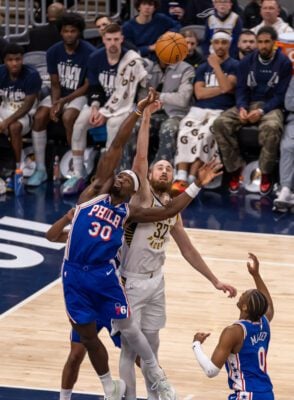 Philadelphia 76ers at Indiana Pacers NBA basketball game in Indianapolis in February of 2026.