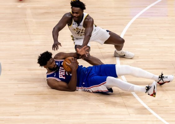 Philadelphia 76ers at Indiana Pacers NBA basketball game in Indianapolis in February of 2026.