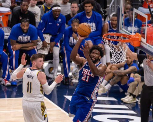 Philadelphia 76ers at Indiana Pacers NBA basketball game in Indianapolis in February of 2026.