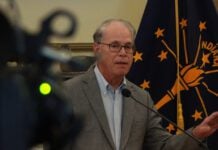 Gov. Mike Braun discussed efforts to bring down energy costs for Hoosiers during a press conference on Monday, March 9. (Photo/Ben Thorp / WFYI)